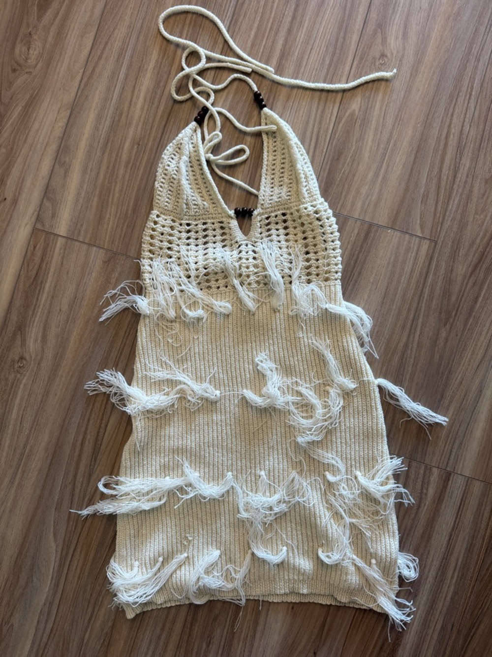 Crochet Fringe Halter Mini Dress - Cream
